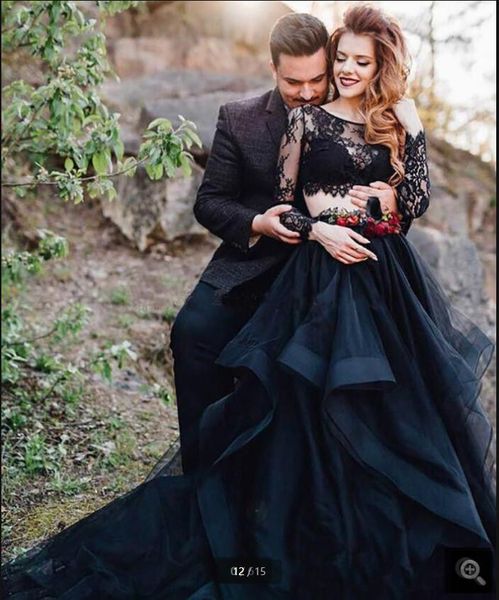 

2021 vintagetiered long sleeve gothic black lace prom dress 2 pieces illusion summer boho party gowns vestido de noiva custom made modest sw