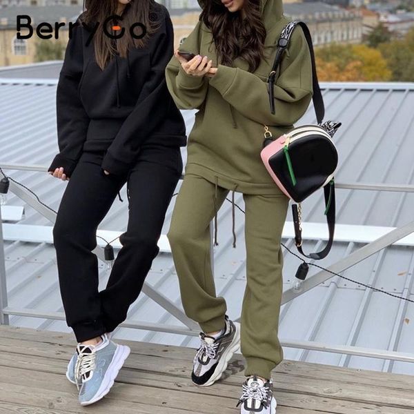 

berrygo fashion hooded sweatshirt set long sleeve thick sport suit loose casual autumn winter women's two piece 2021 pants, White