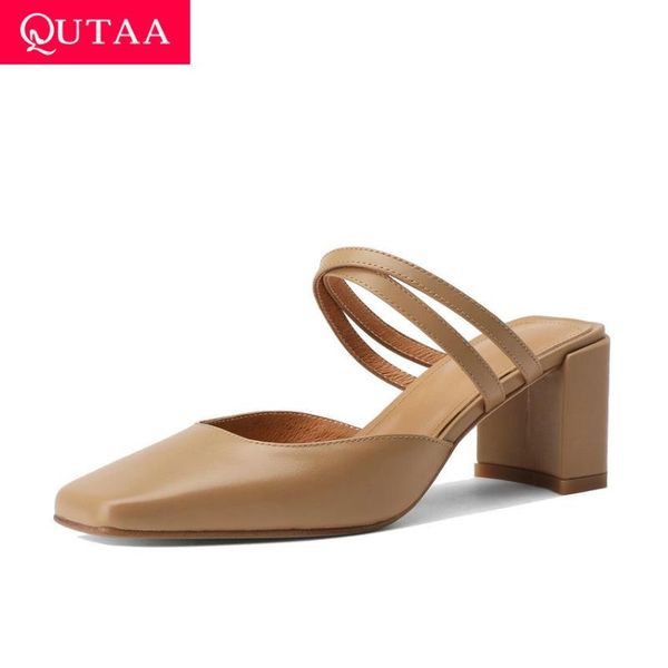 

dress shoes qutaa 2021 retro square toe hollow ladies pumps cow leather slingback sandals high heel summer women size 34-40, Black