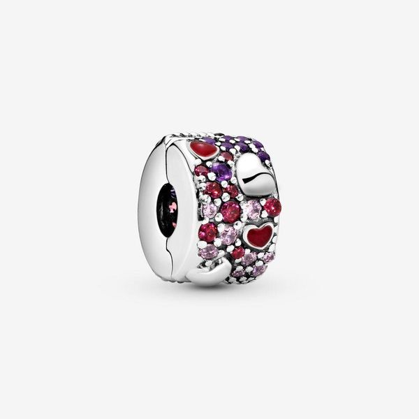 Authentique 925 Perles d'argent Bracelets Coeurs asymétriques Pave Clip Charm Slide Perle Charms Convient aux bracelets de bijoux de style Pandora européen Murano