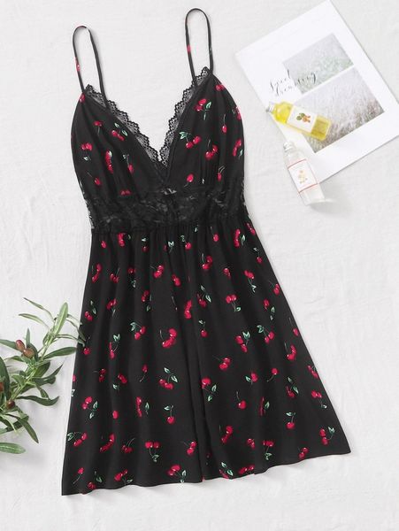 

plus lace insert cherry print slip nightdress z0bm#, Black;white