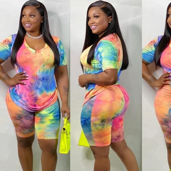 

tie dye sport suits womens tracksuits sets 2pieces plus size tracksuit fashion short sleeve t shirt biker shorts female active, Gray
