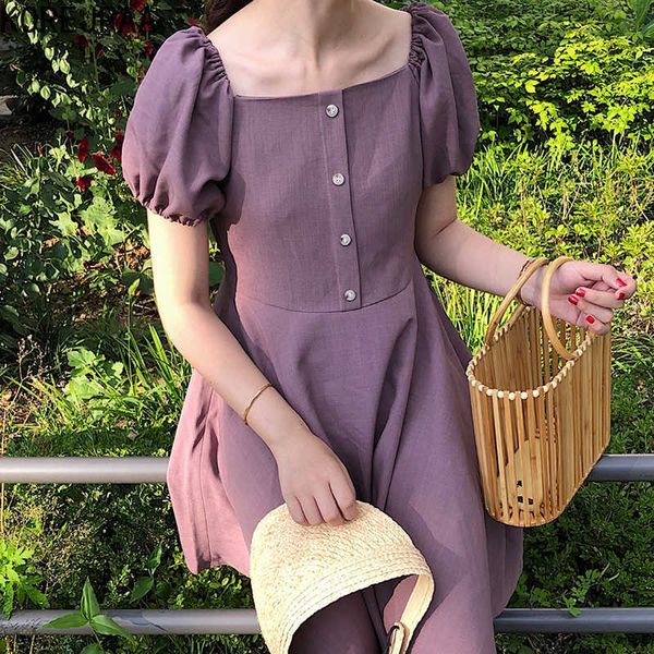 

korejpaa women mini dress summer korean fashion retro elegant solid color square collar back strap bow bubble sleeve dresses 210526, Black;gray
