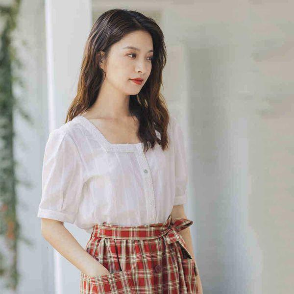 

women's blouses & shirts blouses summer french style cotton fiber square collar stripe flower half sleeve blouse yqvr, White