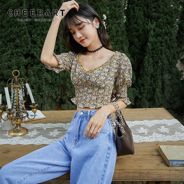 

puff sleeve crop vintage ruffle short floral v neck summer blouse women korean fashion clothing 210427, White