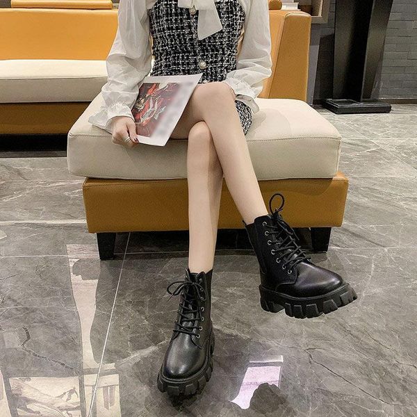 

boots women ankle shoes solid zip lace up platform ladies thick bottom round toe casual female flats pu outdoor summer fashion, Black