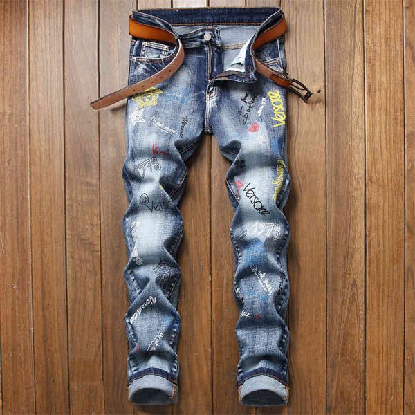 

jeans trendy printed white men's slim fit micro elastic pants blue