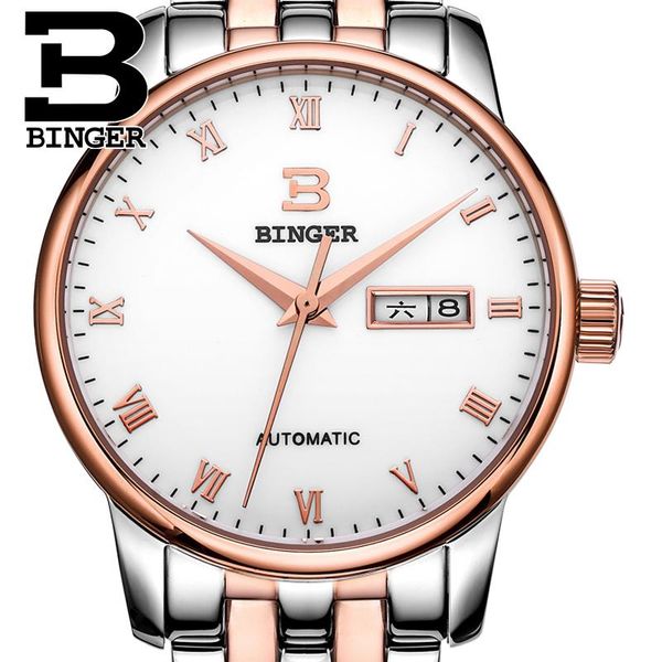 

genuine switzerland binger men sapphire fashion self-wind automatic mechanical full steel gold business watch hollow waterproof wristwatches, Slivery;brown