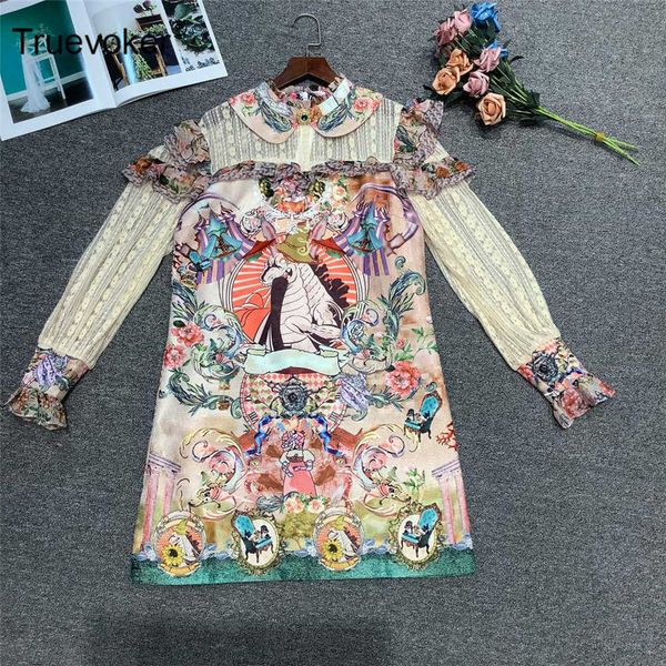 

truevoker spring runway fashion dresse's lantern sleeve vintage print ruffle patchwork straight dress 210602, Black;gray