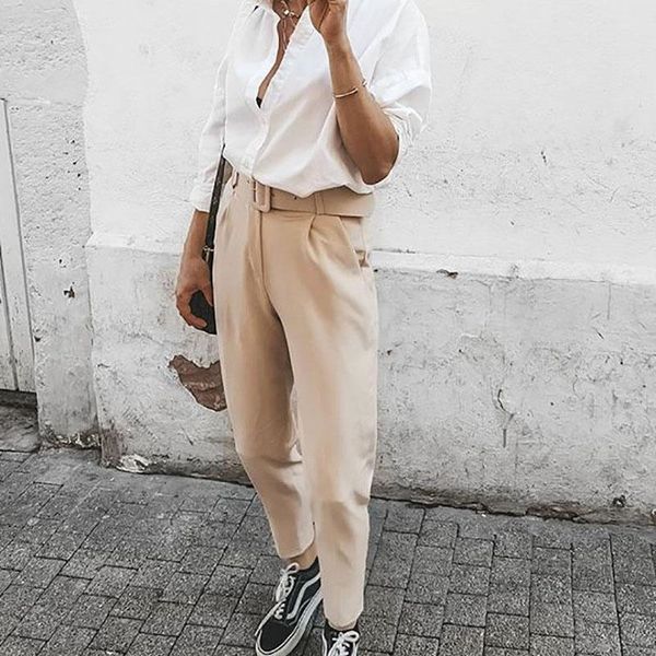 

women's pants & capris solid women casual streetwear straight european spring high waist femme trousers 2021 sj5537u, Black;white