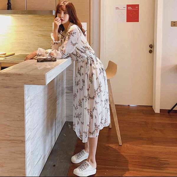 

casual dresses dresses vintage bow-neck floral print female flare sleeve elastic waist chiffon a-line women dress vestidos femme 5gsg, Black;gray