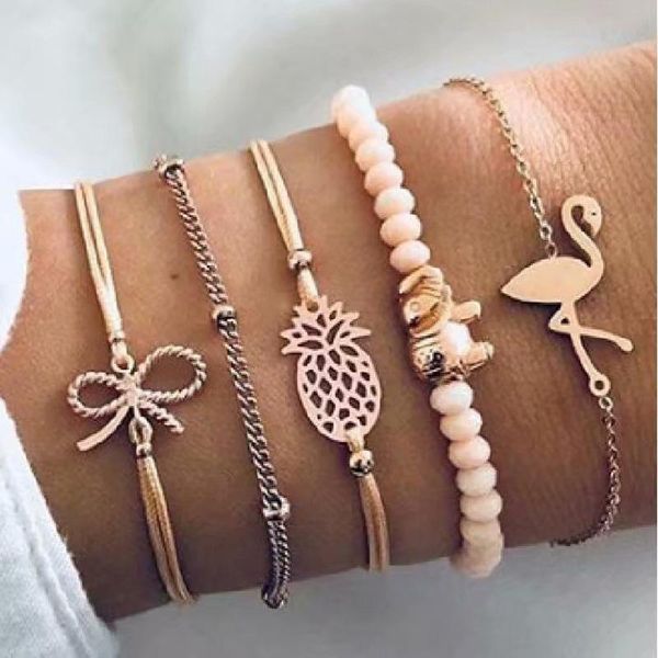 Moda Boho Charm Chain Bead Braceletes Definir Mulher Ouro Bowknot Animais Geométricos Círculo Hollow Clube Link Bracelete Jóias Femininas