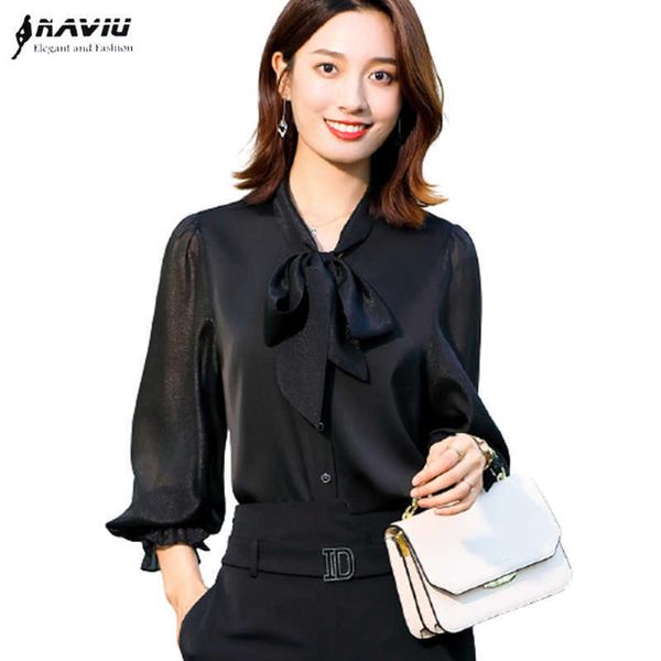 Высококлассные черные рубашки женщины лук дизайн весна мода темперамент шифон блузки офисные дамы формальные рабочие вершины белые 210604
