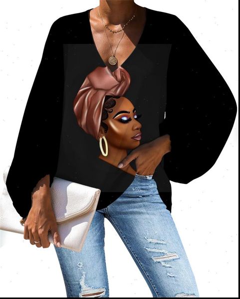 

art african magic girl loose women shirt casual spring summer long sleeve afro lady v neck, White
