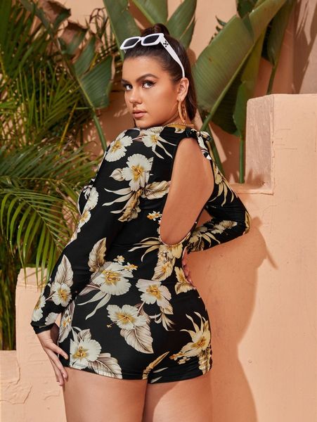 

plus floral print one piece swimsuit u5sk#, Black