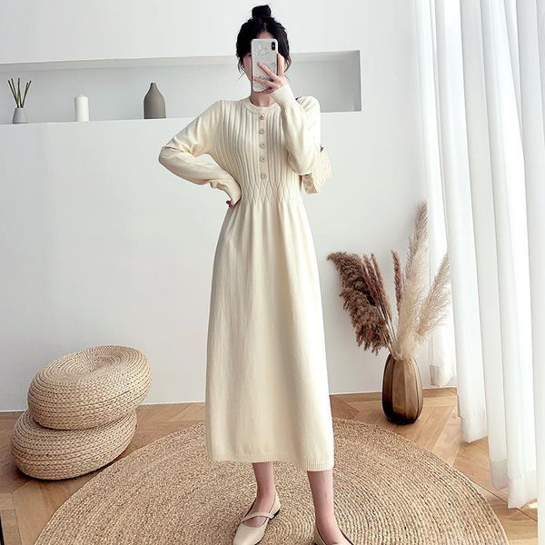 

casual dresses women 2021 autumn winter long sleeve dress female o-neck elegant chic solid midi all-match knitted fashion vestido x426, Black;gray