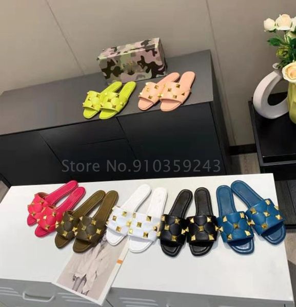 

spring and summer designer brand high-quality leather with rivet elements trendy fashion ladies flat slippers sandals 3, Black