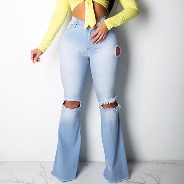 

denim high waist flare modern women jeans pants ripped plus size trousers lady casual wide leg skinny female, Blue