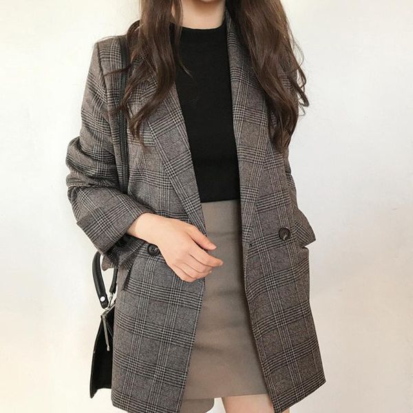 

women's suits & blazers zoki vintage plaid blazer women simple suit jackets loose female outwear autumn causal overwear lady clothes ko, White;black