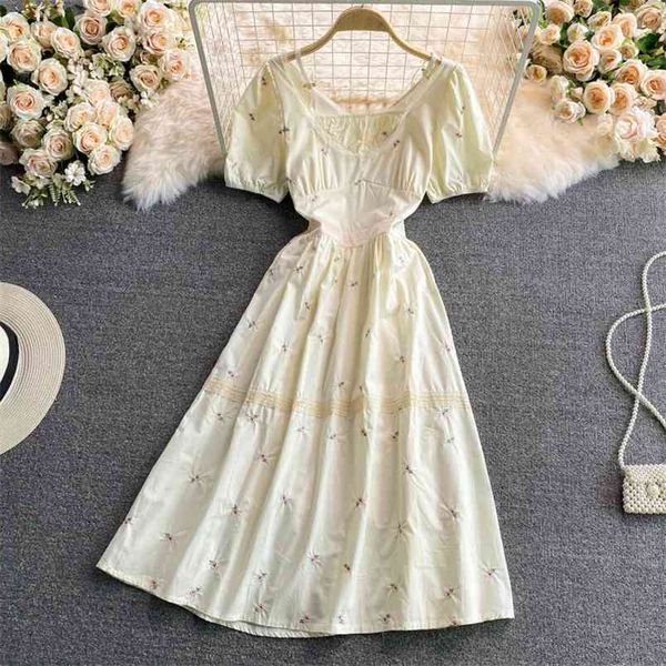 Abito estivo ricamato floreale francese Donna Manica a sbuffo Coreano Chic Dolce Fata Vintage Stile giapponese Abito elegante Abiti 210514