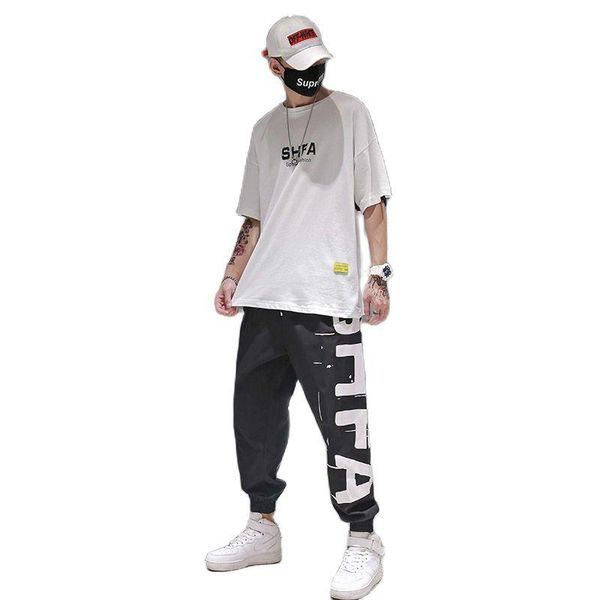 

men's tracksuits tracksuit men summer 2021 fashion t-shirts loose wild hip-hop trend two-piece short-sleeved t nine-point pants casual, Gray