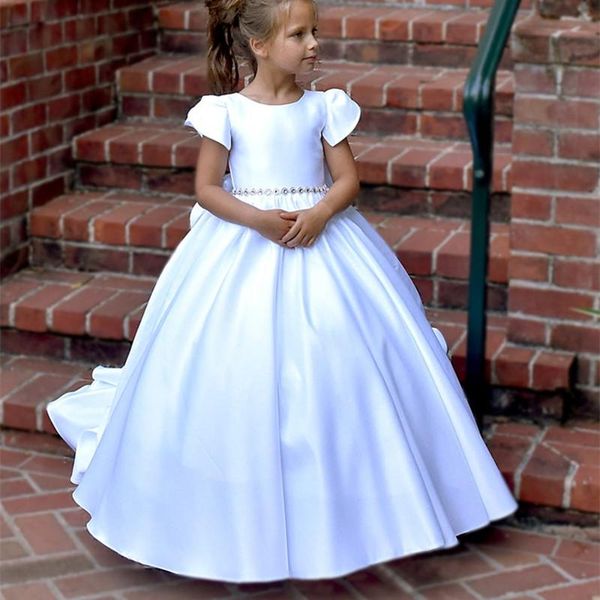 

crew neck flower girls' dresses for wedding party beaded sash bow short sleeves pageant dress long satin birthday gowns, White;blue