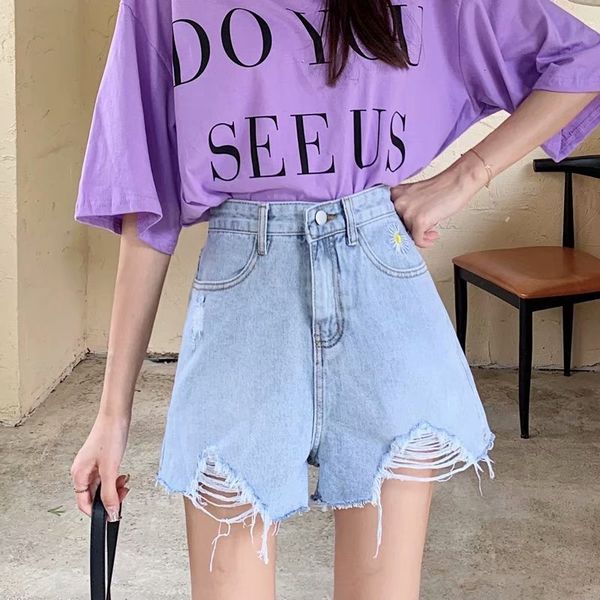 

women's shorts denim spring high waist new slim student loose wide leg a-net red pants in 2020, White;black