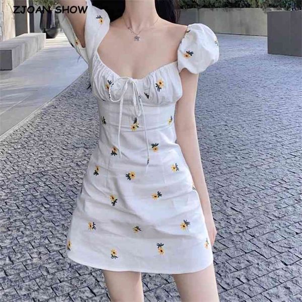 

vintage france style embroidery flower white short dresses slim puff sleeve chic front bow ruched women mini 210429, Black;gray