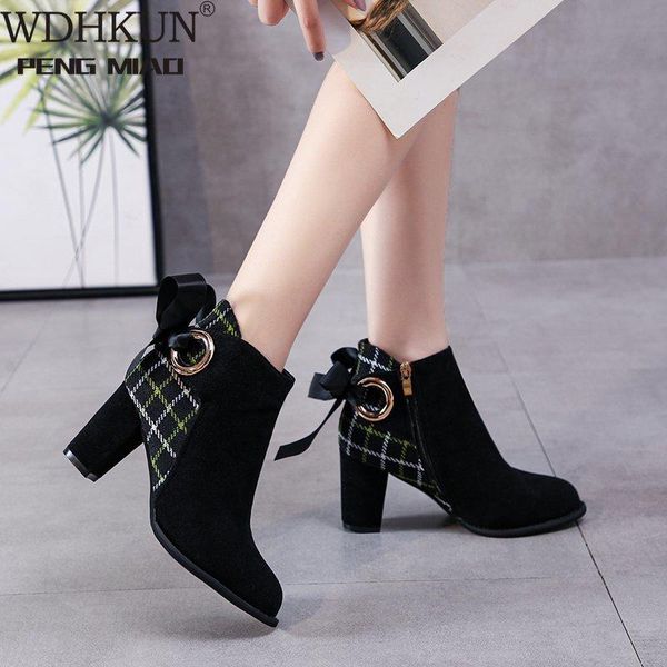 

boots 2021 autumn winter women plus size velvet tie-up fashion thick heel high short, Black