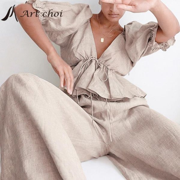 

women's two piece pants women t shirt summer ruffles loose ladies casual blouse sets puff sleeve backless cotton linen long trousers o, White
