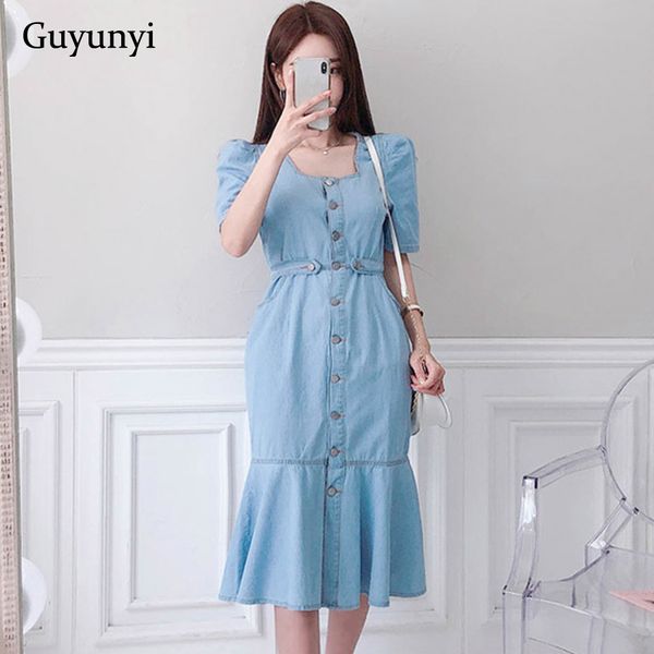 

elegant office dress 2021 summer single-breasted square collar puff sleeve ruffles hem high waist adjustable denim dress women, Black;gray