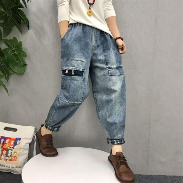

arrival spring arts style women elastic waist casual cotton denim harem pants big pocket vintage blue loose jeans v291 210512