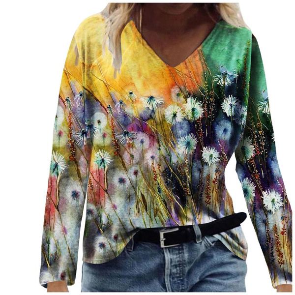 

women's t-shirt fashion flower dandelion printed t-shirts long sleeves v-neck casual loose gradient color tee shirts, White