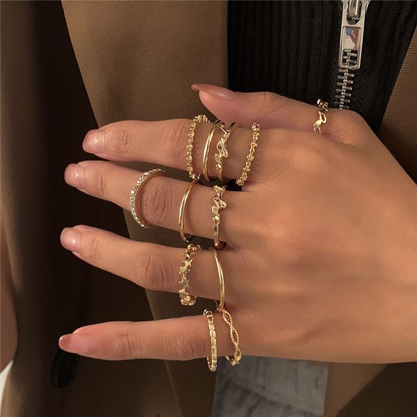 

women letter star crystal opening ring geometric hollow multi element round rings european alloy party gift finger decoration jewelry sets a, Golden;silver