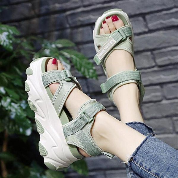 

platform women open toed sandals 2021 summer nylon cross buckle thick bottom beach sandal chunky woman 9cm wedge shoes, Black