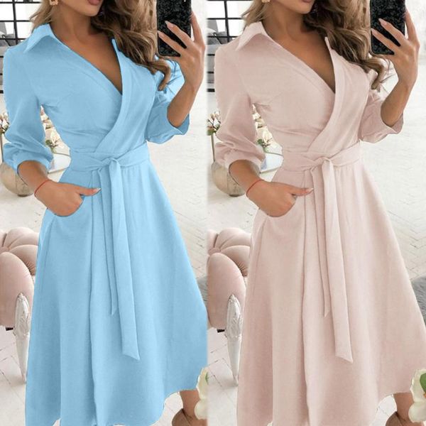 

casual dresses womens fashion pure color v-neck lacing slim dress body wrap hips long for women 2021 robe femme, Black;gray