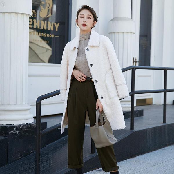 

women's fur & faux winter beige single breasted with pockets soft warm wool coat spring 2021 one mid-long jacket, Black