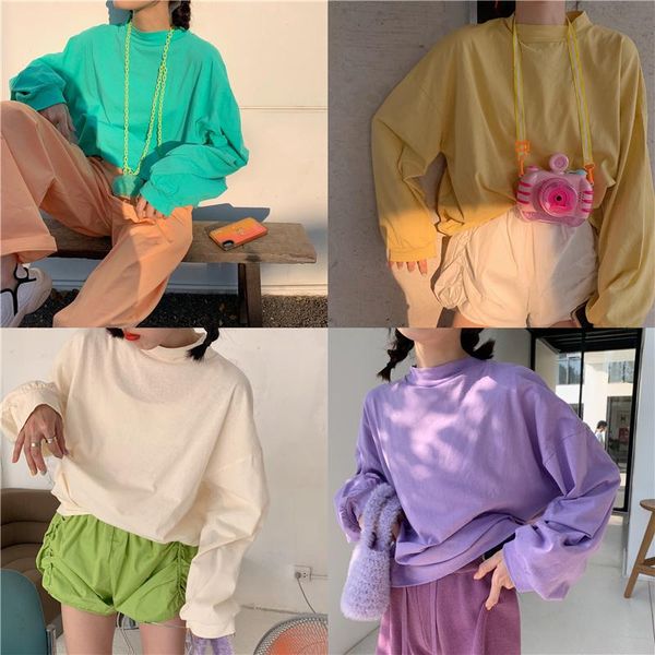 

women's t-shirt 2021 autumn korean lazy loose sunscreen harajuku ins t shirts ladies kawaii cute solid color casual for female, White