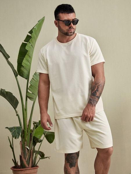 

extended sizes men waffle knit tee & shorts j9uv#, Gray