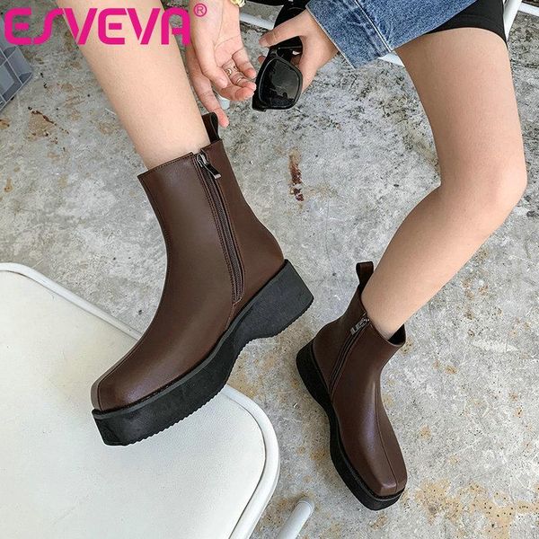 

boots esveva 2021 ankle autumn winter square heel pu motorcycle slip on round toe casual women shoes size 34-43, Black
