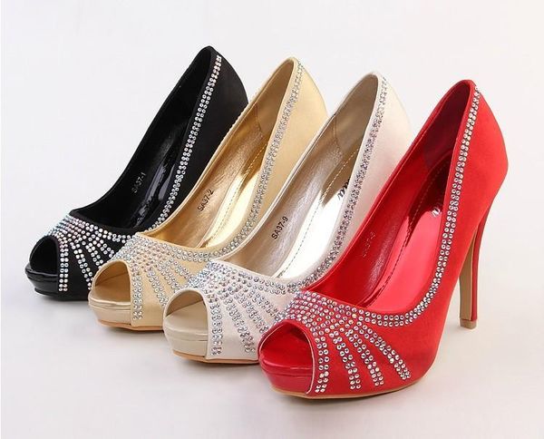 

dress shoes 2021 fashion peep toe apricot color bridal satin wedding high heel pumps woman rhinestone, Black