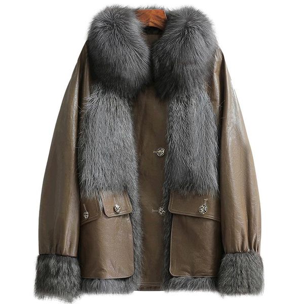 

women's leather & faux lady genuine sheepskin suede coat fur collar autumn winter women jacket suit outerwear lf21097kqn, Black