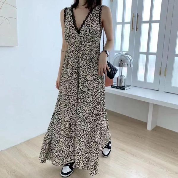 

casual dresses superaen 2021 spring and summer korean style stitching v-neck long vest dress women retro leopard print, Black;gray