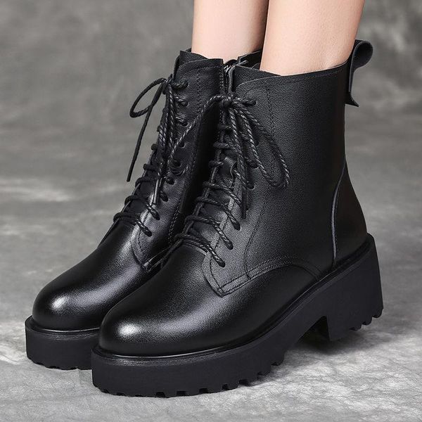 

boots winter plus velvet leather women spring autumn single women's british style thick-soled mid-heel short, Black