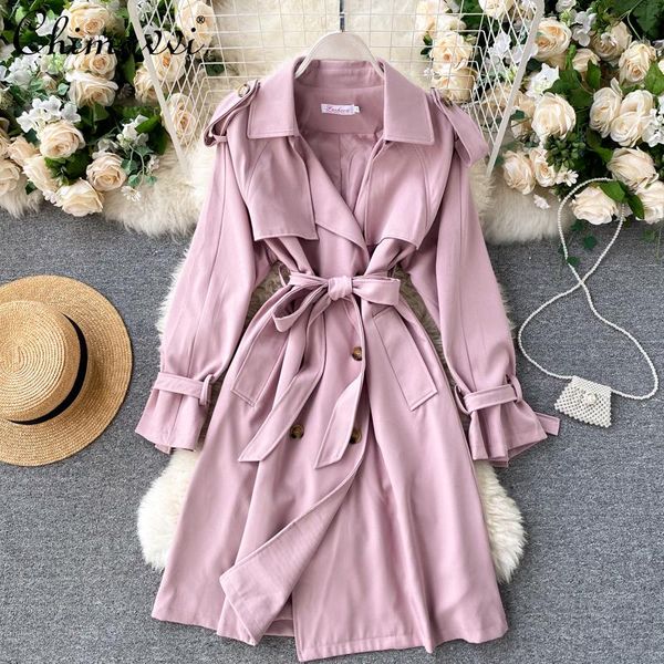 

women's trench coats korean fashion retro sweet pink coat 2021 autumn/winter elegant commute long women slim windbreaker all-match, Tan;black