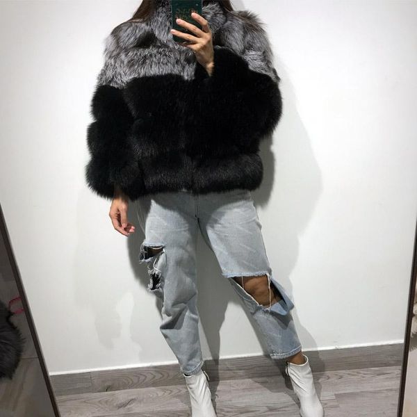 

women's fur & faux women natural jacket ladies real silver coat, Black