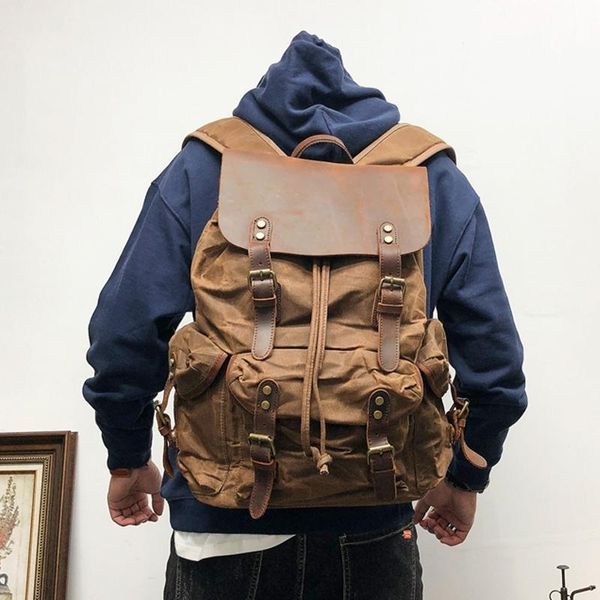 

backpack vintage waxed cvanvas with cowhide leather mens canvas lapbag school
