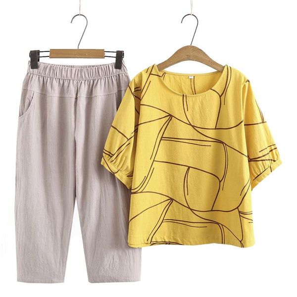 

women's two piece pants plus size xl-4xl full cotton 2pieces summer sets embroidery + elastic waist cropped suits, White