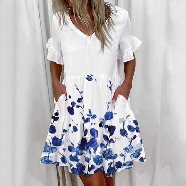 

summer pleated with pockets ruffles women dresses v neck short sleeve mini casual loose party beach, Black;gray