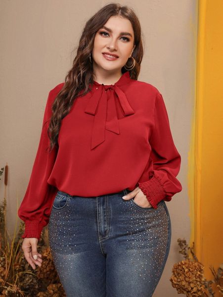 

plus tie neck lantern sleeve blouse u5sm#, Black